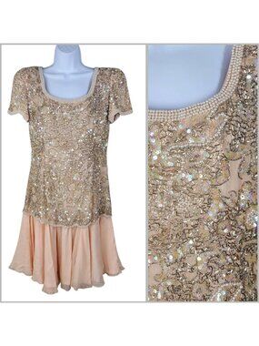 Vintage Sequin Beaded Silk Evening Dress Size 12-14 Chiffon Flare Skirt Pink